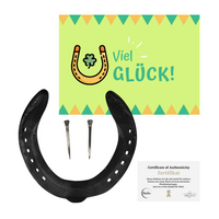 Thumbnail for Makai echtes Pferdehufeisen mit Echtheitszertifikat, Postkarte und zwei Hufnägeln schwarz, Geschenk Glücksbringer 