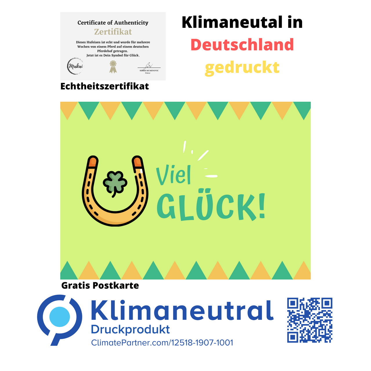 Klimaneutral in Deutschland gedruckt, Postkarte Viel Glück. Echtes Hufeisen Pferd Glücksbringer