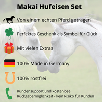 Thumbnail for Makai Hufeisen Set: von einem echten Pferd getragen, perfektes Geschenk als Symbol für Glück, mit vielen Extras, 100% Made in Germany, 100% rostfrei, Kundensupport deutsch und kostenlose Rückgabemöglichkeit.