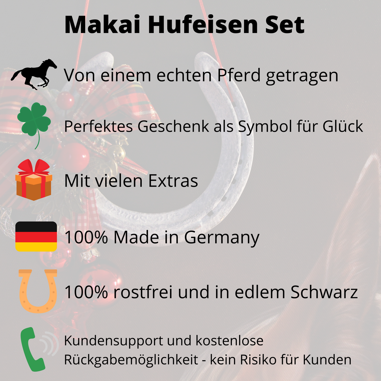 Makai Hufeisen Set: von einem echten Pferd getragen, perfektes Geschenk als Symbol für Glück, mit vielen Extras, 100% Made in Germany, 100% rostfrei und in edlem Schwarz, Kundensupport deutsch und kostenlose Rückgabemöglichkeit.