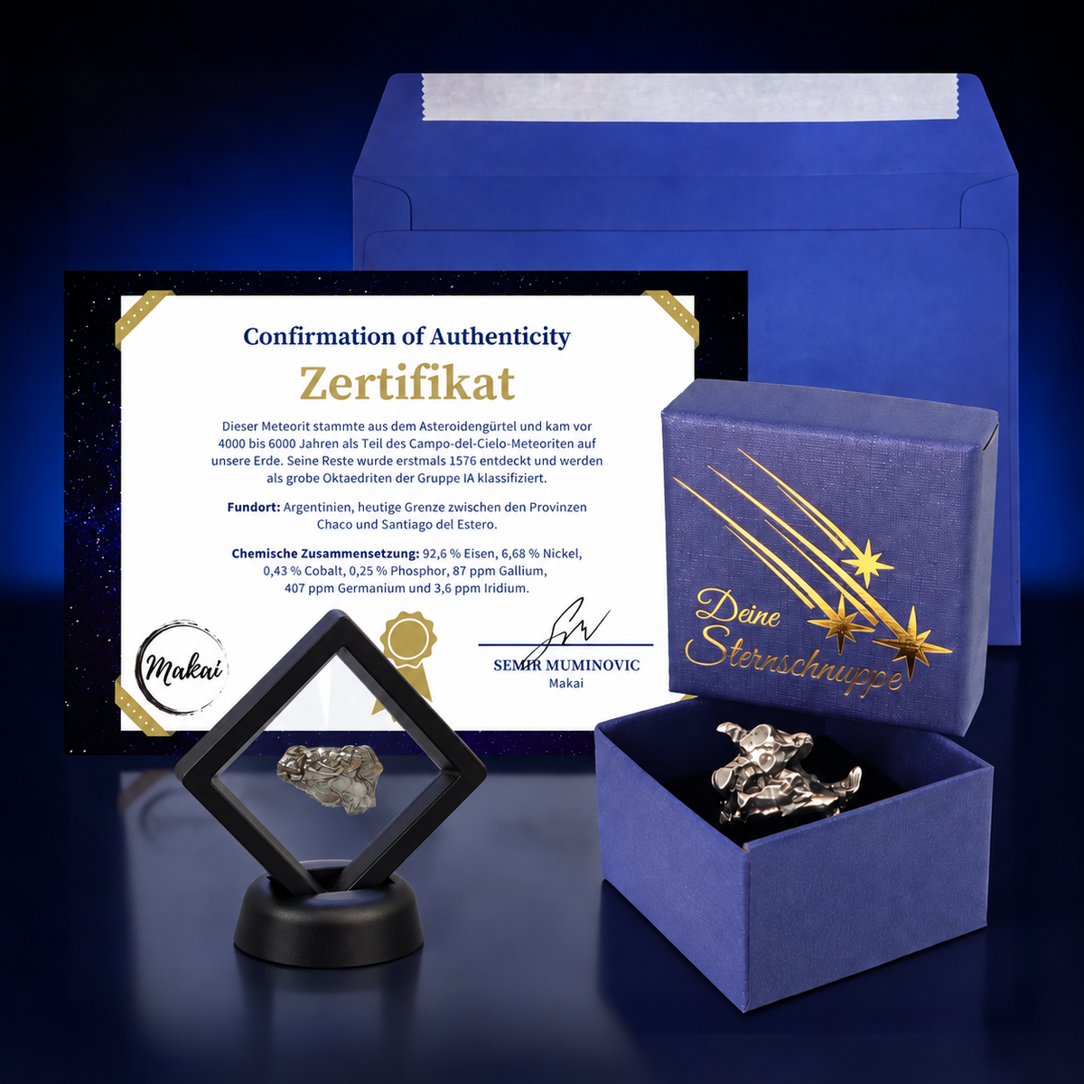 Meteorit mit blauer Box, Schweberahmen & Echtheitszertifikat