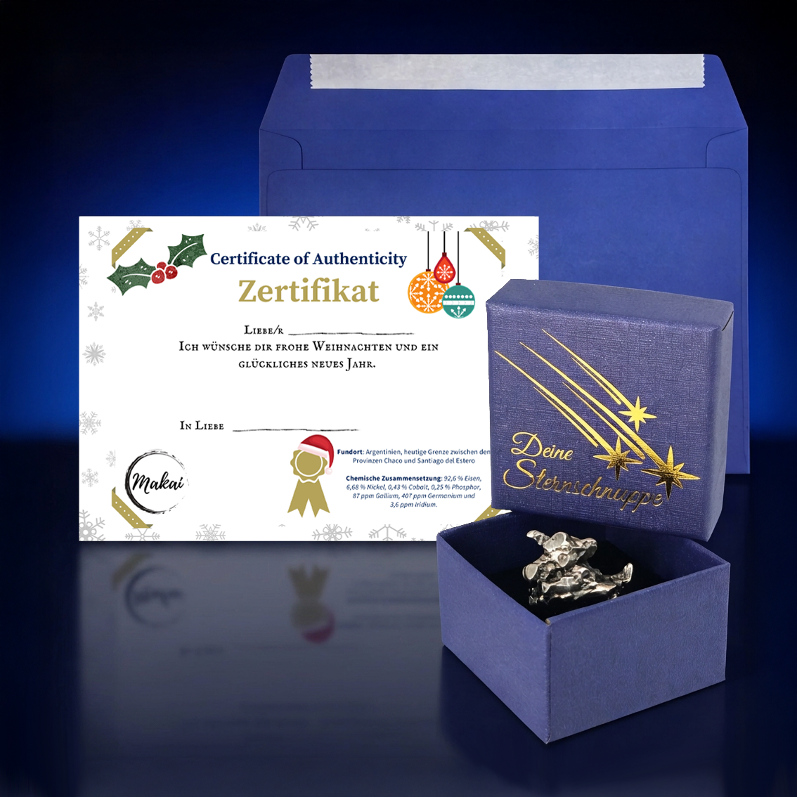 Meteorit mit blauer Box & Weihnachtszertifikat