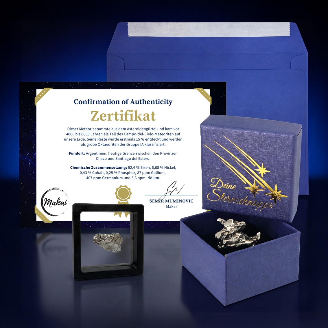 Meteorit mit blauer Box, Schweberahmen & Echtheitszertifikat