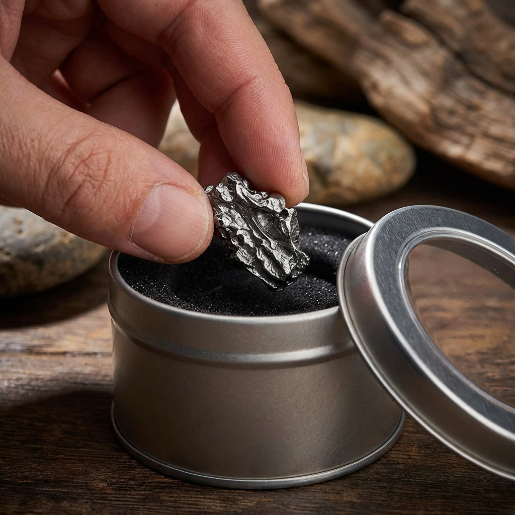 Meteorit mit Blechbox & Echtheitszertifikat