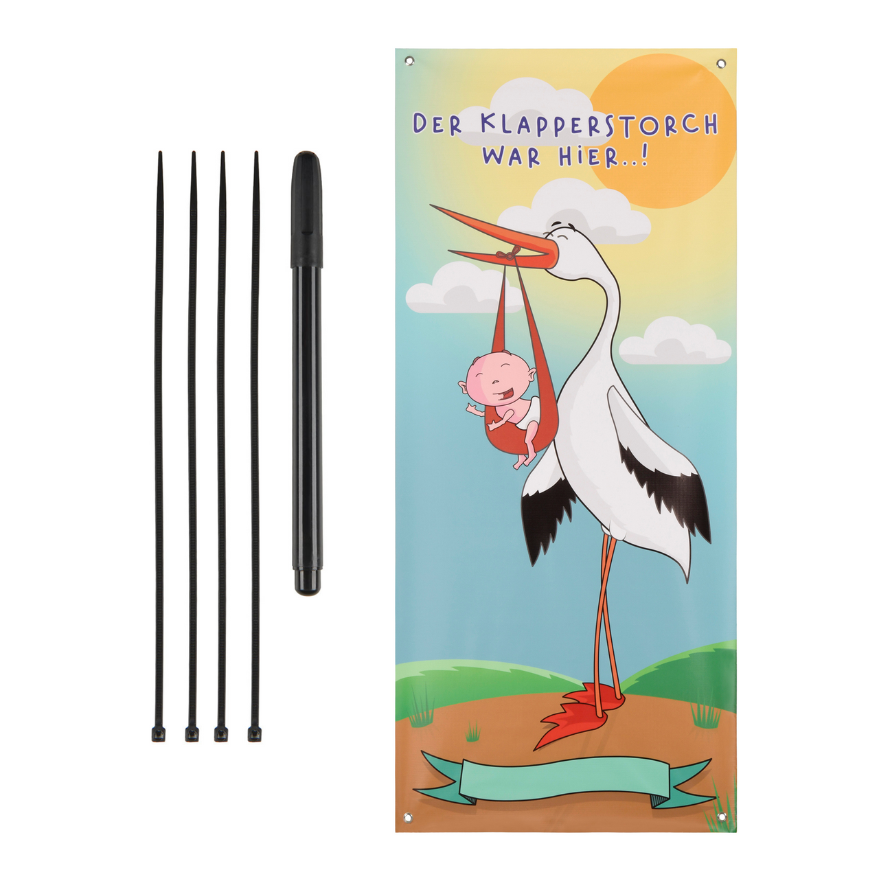  Baby Storch Banner hat rostfreie Stahlösen zum Aufhängen. Im Lieferumfang enthalten sind ebenfalls 4 Kabelbinder zum Befestigen und ein wasserfester Stift zum Beschriften des Plakates. Es kann so zum Beispiel der Name des Kindes, das Geburtsdatum und ein kleiner Spruch eingetragen werden. Es ist also bereits alles vorhanden, um das Banner zur Geburt aufzuhängen.
