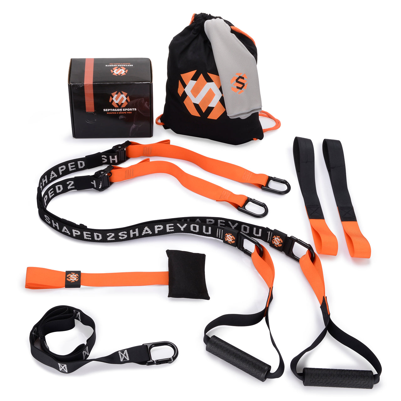 Septagon Sports® Premium Sling Trainer Set V.2022 Suspension Trainer mit Handtuch, Rucksackbeutel und Trainingsbuch - Schlingentrainer für Functional Training mit Türanker + Qualitätszertifikat.