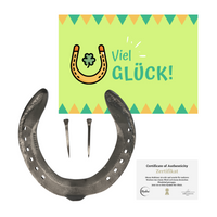 Thumbnail for Echtes Pferdehufeisen mit Echtheitszertifikat, Postkarte und zwei Hufnägeln silber, Geschenk Glücksbringer