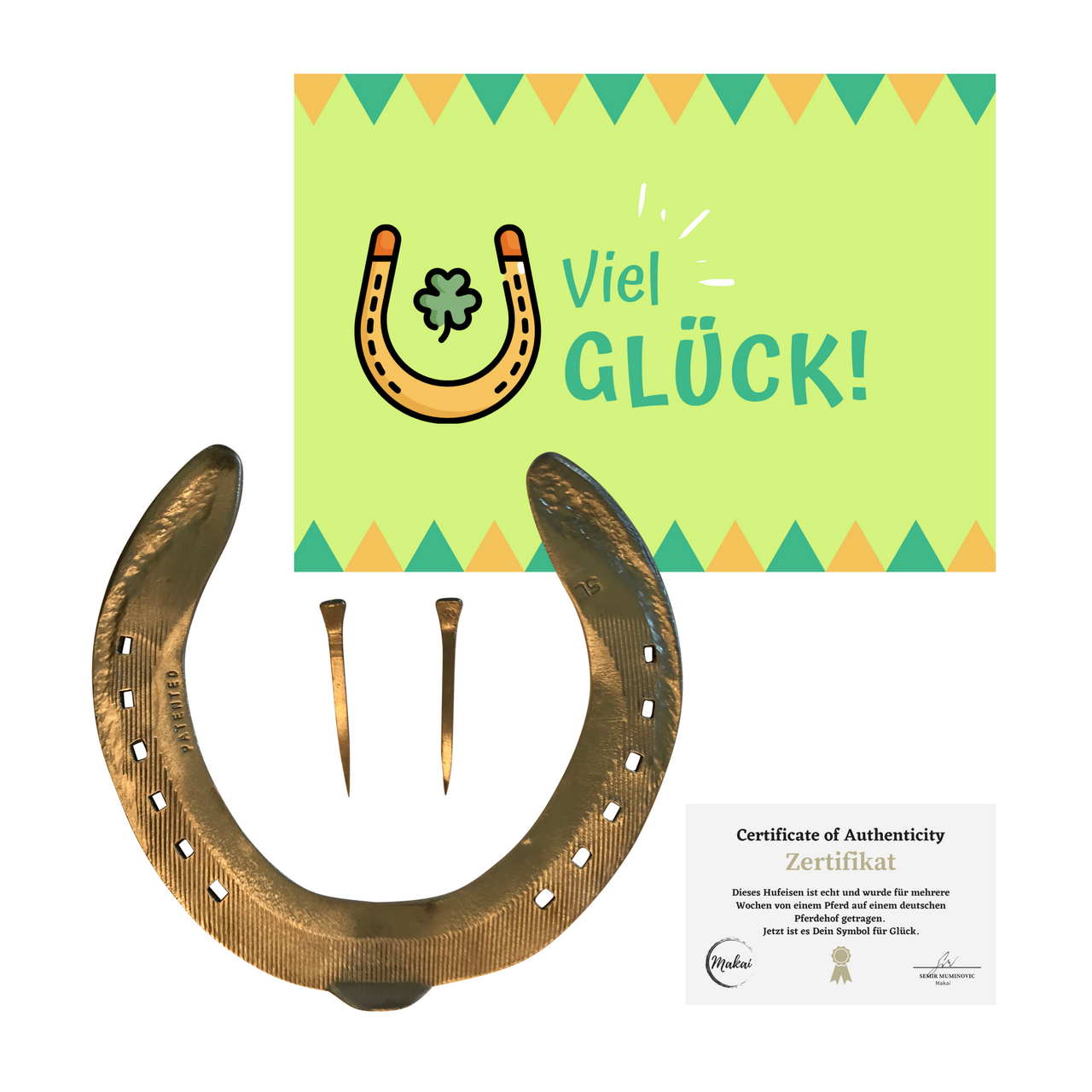 Echtes Pferdehufeisen mit Echtheitszertifikat, Postkarte und zwei Hufnägeln in Gold. Geschenk Glücksbringer.