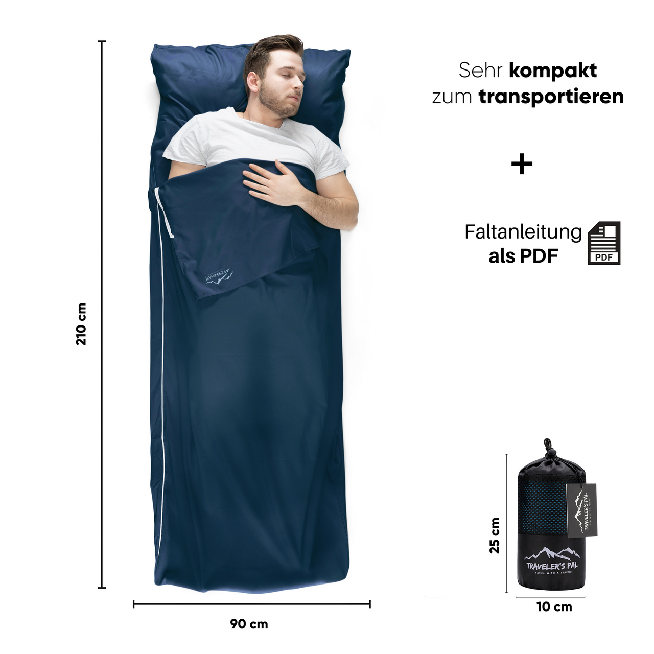 Traveler's Pal Hüttenschlafsack aus 100% Baumwolle - Schlafsack mit Reißverschluss an Seite und Fußende - Leichter und dünner Inlett Sommerschlafsack atmungsaktiv und hautfreundlich Indigoblau. Sehr kompakt zum transportieren. Faltanleitung als PDF. Länge 210 cm, breite 90 cm.