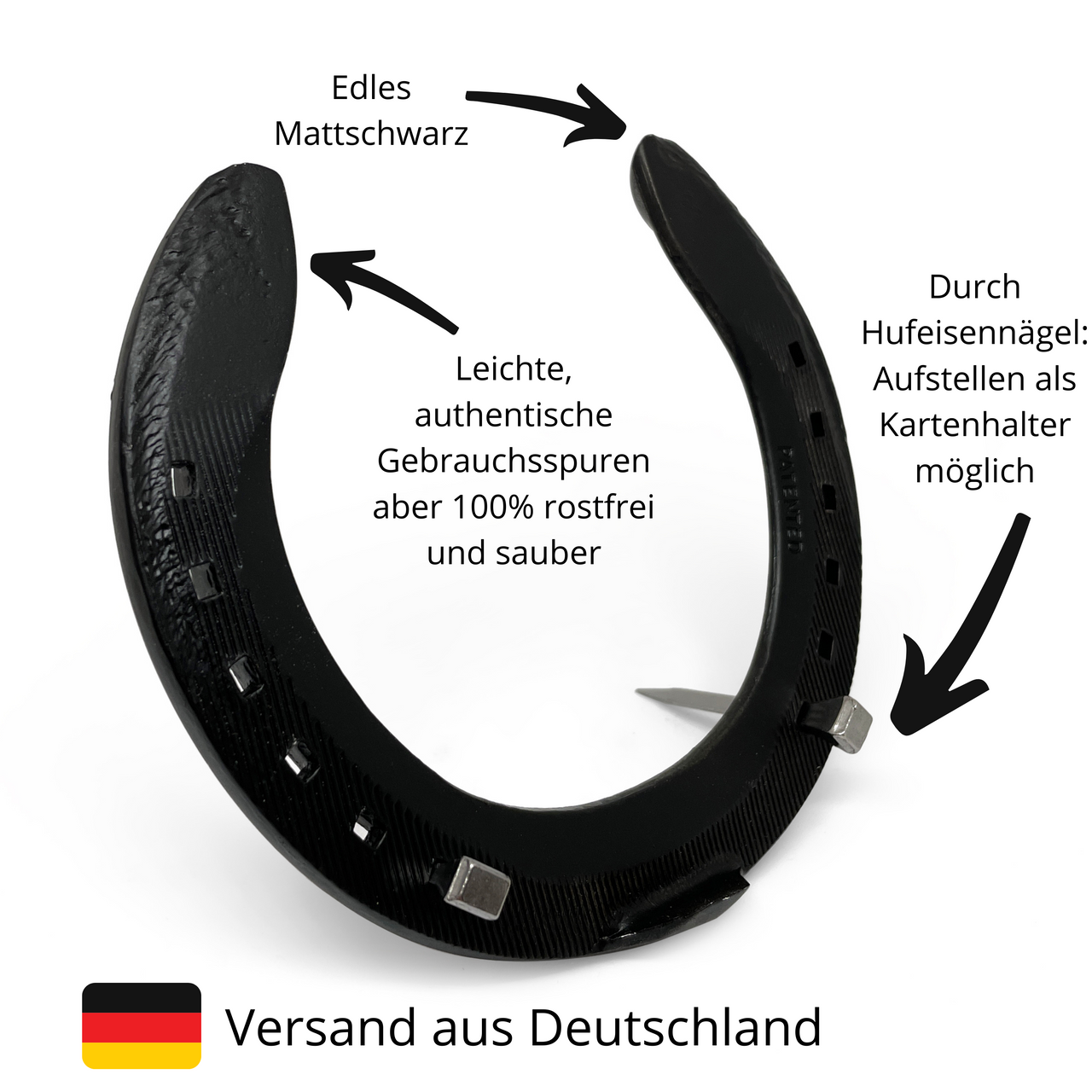 Bild von Hufeisen, edles Mattschwarz, durch Nägel Aufstelle als Kartenhalter möglich, leichte authentische Gebrauchsspuren aber 100% rostfrei und sauber, Versand aus Deutschland