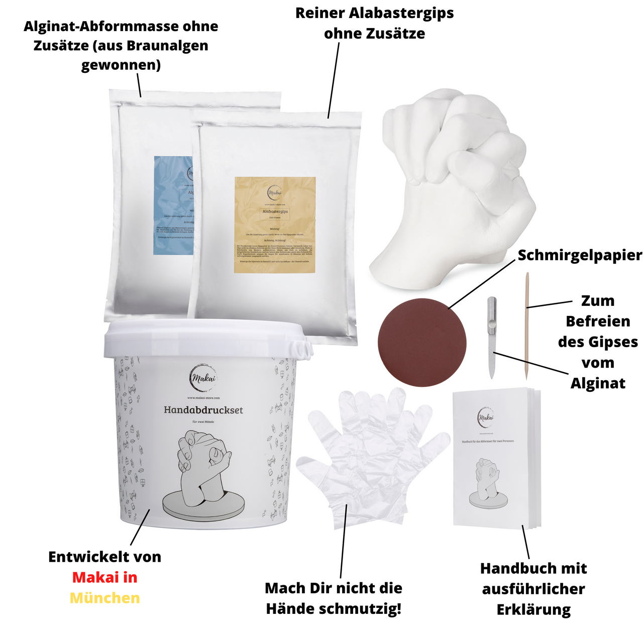 Alginat Abformmasse ohne Zusätze (aus Braunalgen), reiner Alabastergips ohne Zusätze, Schmirgelpapier, Handbuch mit Erklärung Anleitung, Handschuhe, Entwickelt von Makai in München, Handform Gips selber machen