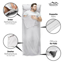 Thumbnail for Traveler's Pal Hüttenschlafsack aus 100% Baumwolle - Schlafsack mit Reißverschluss an Seite und Fußende - Leichter und dünner Inlett Sommerschlafsack atmungsaktiv und hautfreundlich Silbergrau. Doppelte Naht, Öffnung für Füße, zweiter Reißverschluss.
