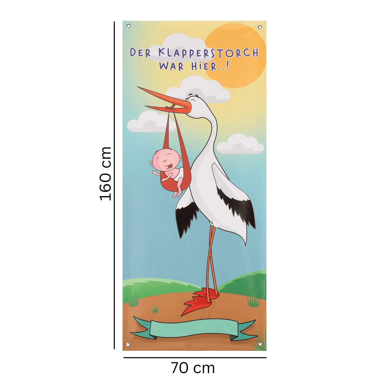 Komplettes Set: das 70cm x 160cm Baby Storch Banner ist wasserfest und hat rostfreie Stahlösen zum Aufhängen. Im Lieferumfang enthalten sind ebenfalls 4 Kabelbinder zum Befestigen und ein wasserfester Stift zum Beschriften des Plakates. Es kann so zum Beispiel der Name des Kindes, das Geburtsdatum und ein kleiner Spruch eingetragen werden. Es ist also bereits alles vorhanden, um das Banner zur Geburt aufzuhängen.