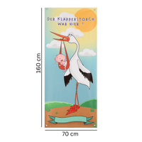 Thumbnail for Komplettes Set: das 70cm x 160cm Baby Storch Banner ist wasserfest und hat rostfreie Stahlösen zum Aufhängen. Im Lieferumfang enthalten sind ebenfalls 4 Kabelbinder zum Befestigen und ein wasserfester Stift zum Beschriften des Plakates. Es kann so zum Beispiel der Name des Kindes, das Geburtsdatum und ein kleiner Spruch eingetragen werden. Es ist also bereits alles vorhanden, um das Banner zur Geburt aufzuhängen.