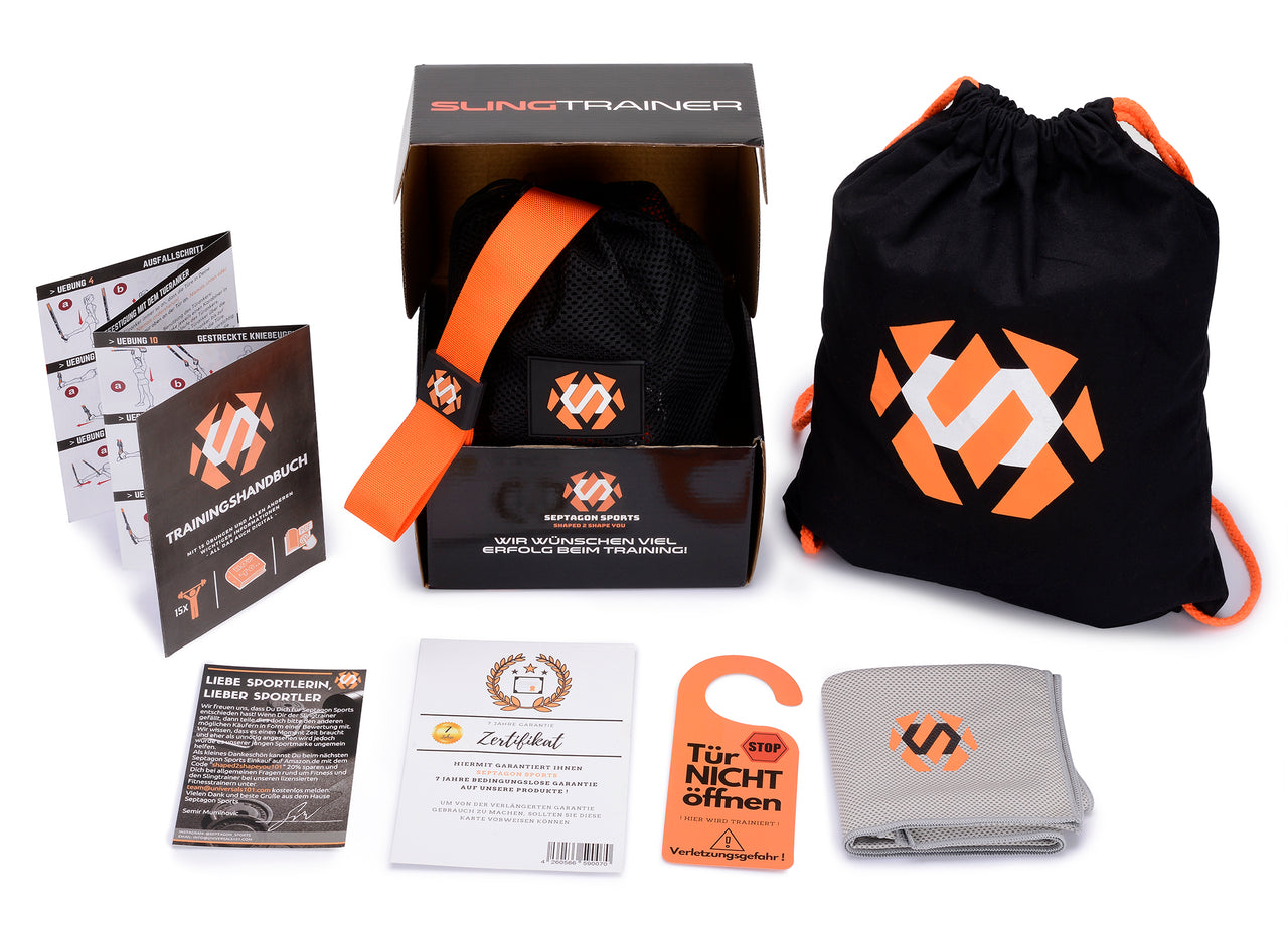 Septagon Sports® Premium Sling Trainer Set V.2022 Suspension Trainer mit Handtuch, Rucksackbeutel und Trainingsbuch - Schlingentrainer für Functional Training mit Türanker + Qualitätszertifikat