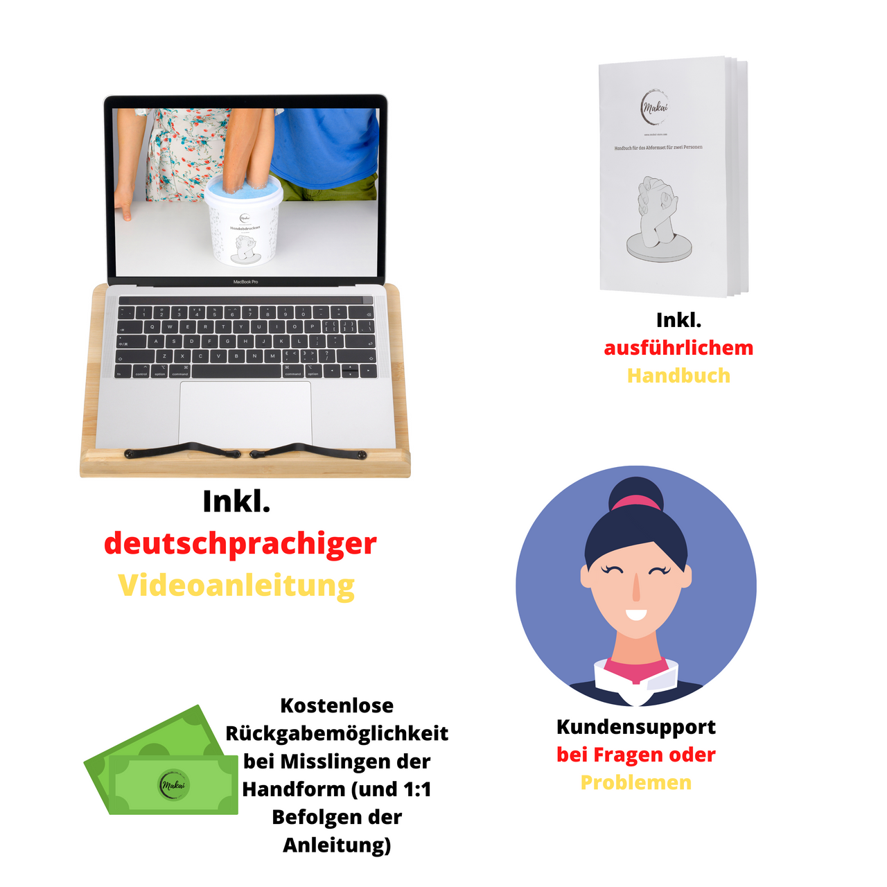 Inklusive deutsche Videoanleitung, Kundensuppor bei Fragen oder Problemen, kostenlose Rückgabe, inklusive ausführliches Handbuch, Handabdruckset
