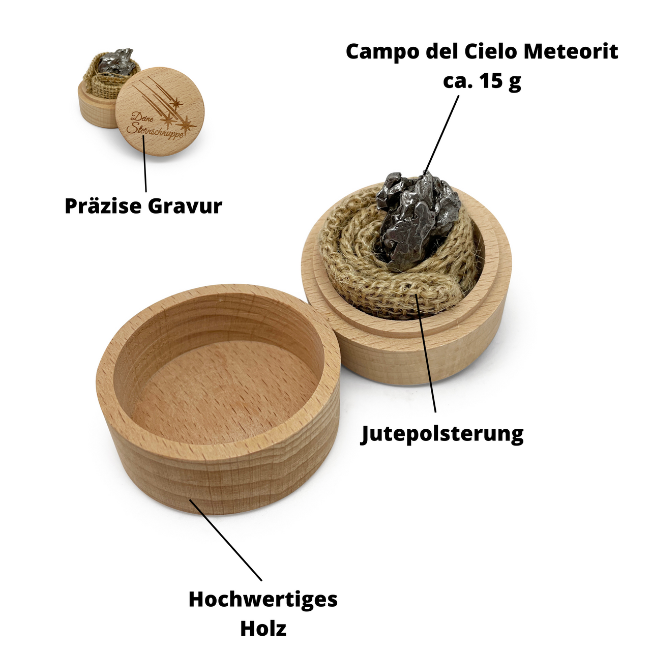 Meteorit mit Holzbox, Umschlag & Echtheitszertifikat. Geschenkidee für besondere Menschen und Personen, Paare, Freunde, Familie, Eltern. Geschenk aus echter Sternschnuppe, Zertifikat echter Meteorit. Campo del Cielo, Jutepolsterung, hochwertiges Holz, präzise Gravur. 