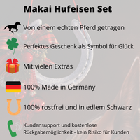 Thumbnail for Makai Hufeisen Set: von einem echten Pferd getragen, perfektes Geschenk als Symbol für Glück, mit vielen Extras, 100% Made in Germany, 100% rostfrei und in edlem Schwarz, Kundensupport deutsch und kostenlose Rückgabemöglichkeit.