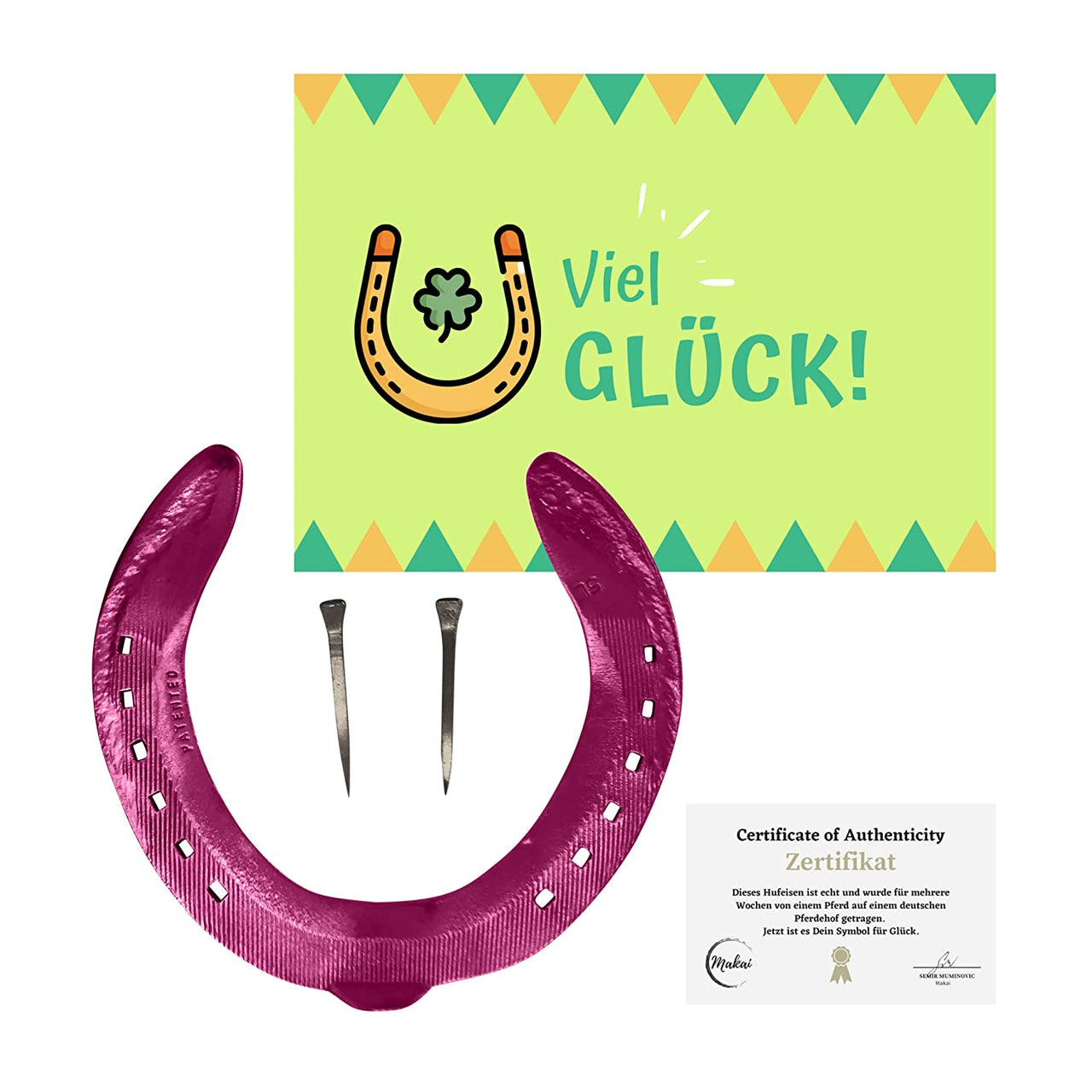Makai echtes Pferdehufeisen mit Echtheitszertifikat, Postkarte und zwei Hufnägeln rosa.