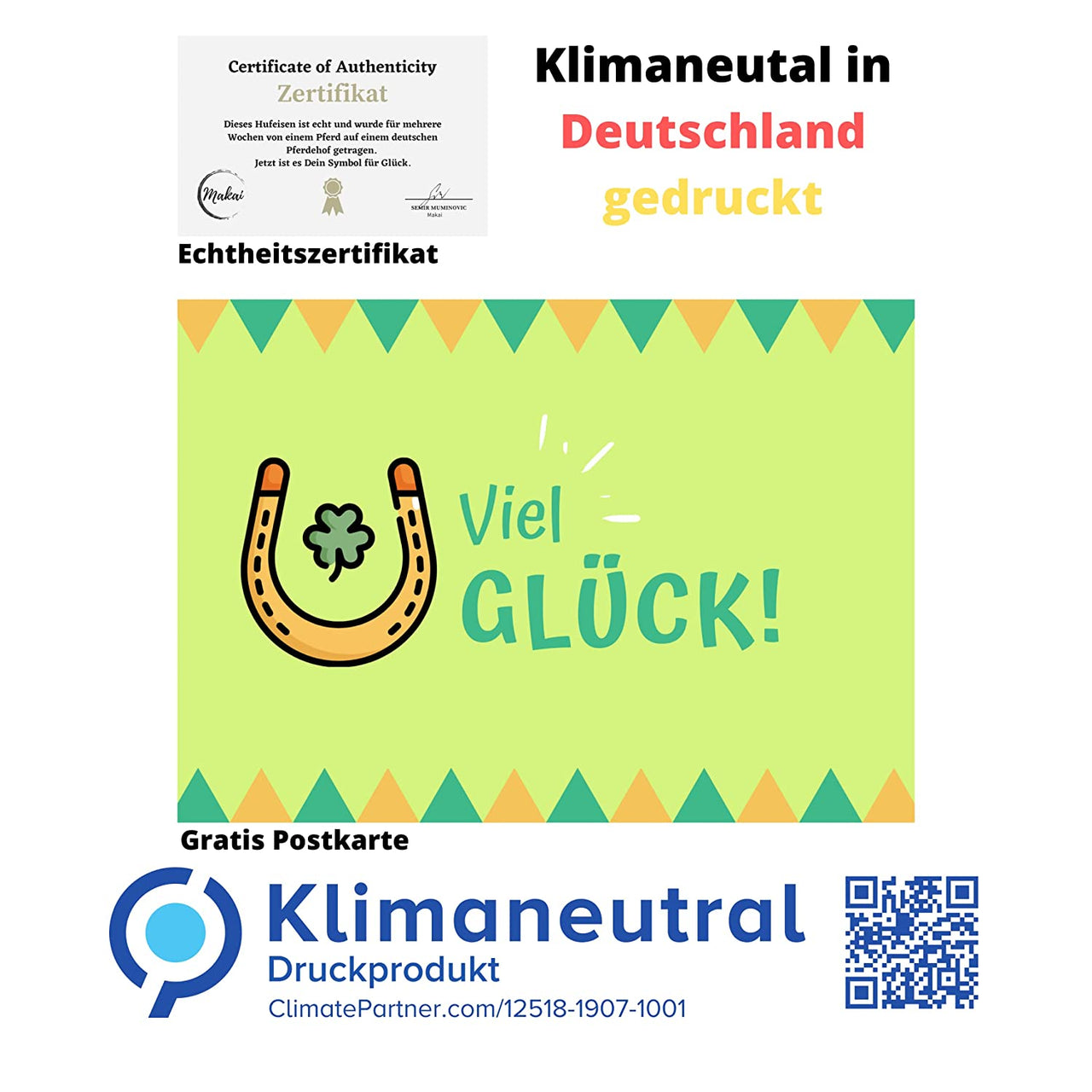 Klimaneutral in Deutschland gedruckt mit Postkarte Viel Glück gratis, Geschenkidee Glücksbringer