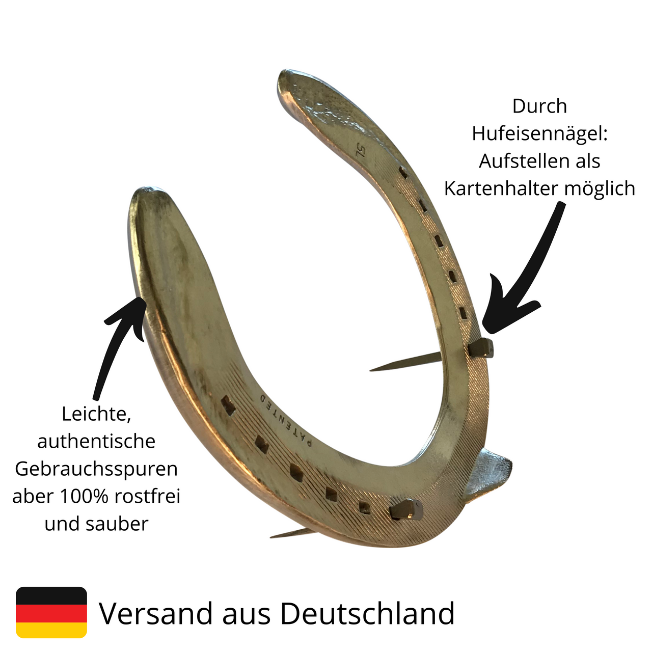 Ansicht Hufeisen mit Nägeln zum Aufstellen als Kartenhalter möglich, leichte, authentische Gebrauchsspuren aber 100% rostfrei und sauber, Versand aus Deutschland, Geschenk Glücksbringer
