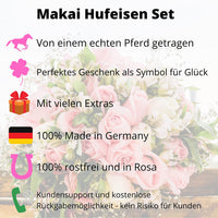 Thumbnail for Makai Hufeisen Set: von einem echten Pferd getragen, perfektes Geschenk als Symbol für Glück, mit vielen Extras, 100% Made in Germany, 100% rostfrei und in Rosa, Kundensupport deutsch und kostenlose Rückgabemöglichkeit.