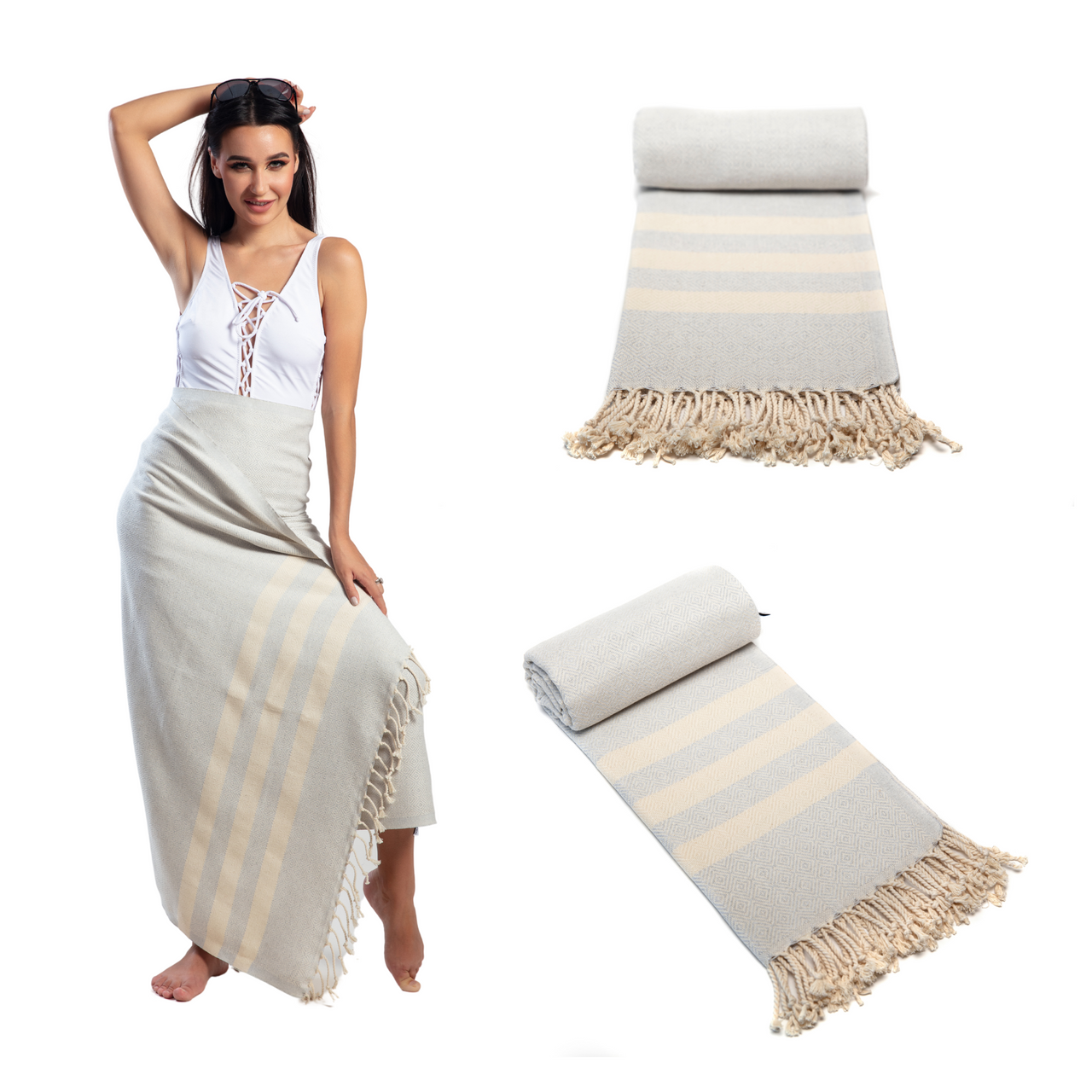 Makai Hamamtuch Silbergrau 100% Baumwolle Pestemal Handtuch 95x200cm Strandtuch Saunatuch Fouta Kuscheldecke Badetuch Yogatuch Duschtuch, Frau mit Tuch umgewickelt, verschiedene Anwendungsmöglichkeiten