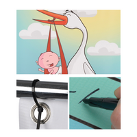 Thumbnail for Komplettes Set: das 70cm x 160cm Baby Storch Banner ist wasserfest und hat rostfreie Stahlösen zum Aufhängen. Im Lieferumfang enthalten sind ebenfalls 4 Kabelbinder zum Befestigen und ein wasserfester Stift zum Beschriften des Plakates. Es kann so zum Beispiel der Name des Kindes, das Geburtsdatum und ein kleiner Spruch eingetragen werden. Es ist also bereits alles vorhanden, um das Banner zur Geburt aufzuhängen.