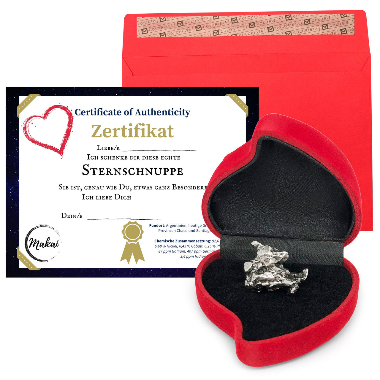 Meteorit mit Herzbox, Umschlag & Echtheitszertifikat zum selber beschriften. Geschenkidee für besondere Menschen und Personen, Paare, Freunde, Familie, Eltern. Geschenk aus echter Sternschnuppe, Zertifikat echter Meteorit.