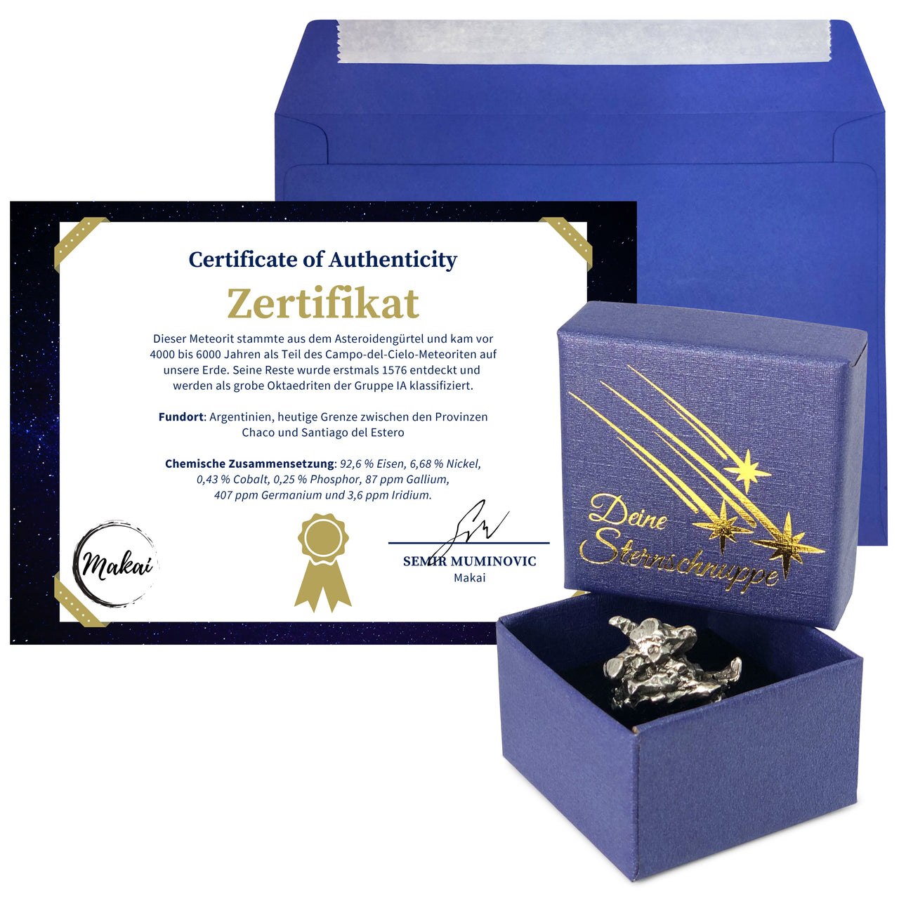  Meteorit mit Geschenkschachtel, Umschlag & Echtheitszertifikat. Geschenkidee für besondere Menschen und Personen, Paare, Freunde, Familie, Eltern. Geschenk aus echter Sternschnuppe, Zertifikat echter Meteorit.