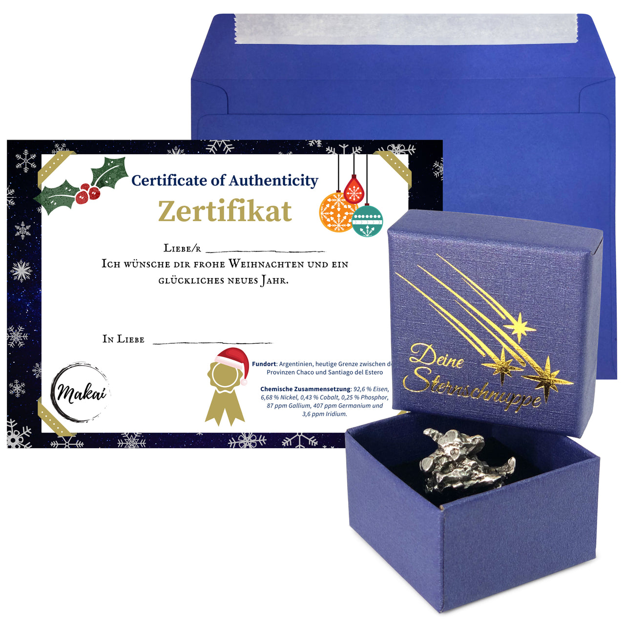 Weihnachten Meteorit Weihnachtsedition mit Schachtel,Karte , Umschlag & Echtheitszertifikat. Geschenkidee für besondere Menschen und Personen, Paare, Freunde, Familie, Eltern. Geschenk aus echter Sternschnuppe, Zertifikat echter Meteorit.