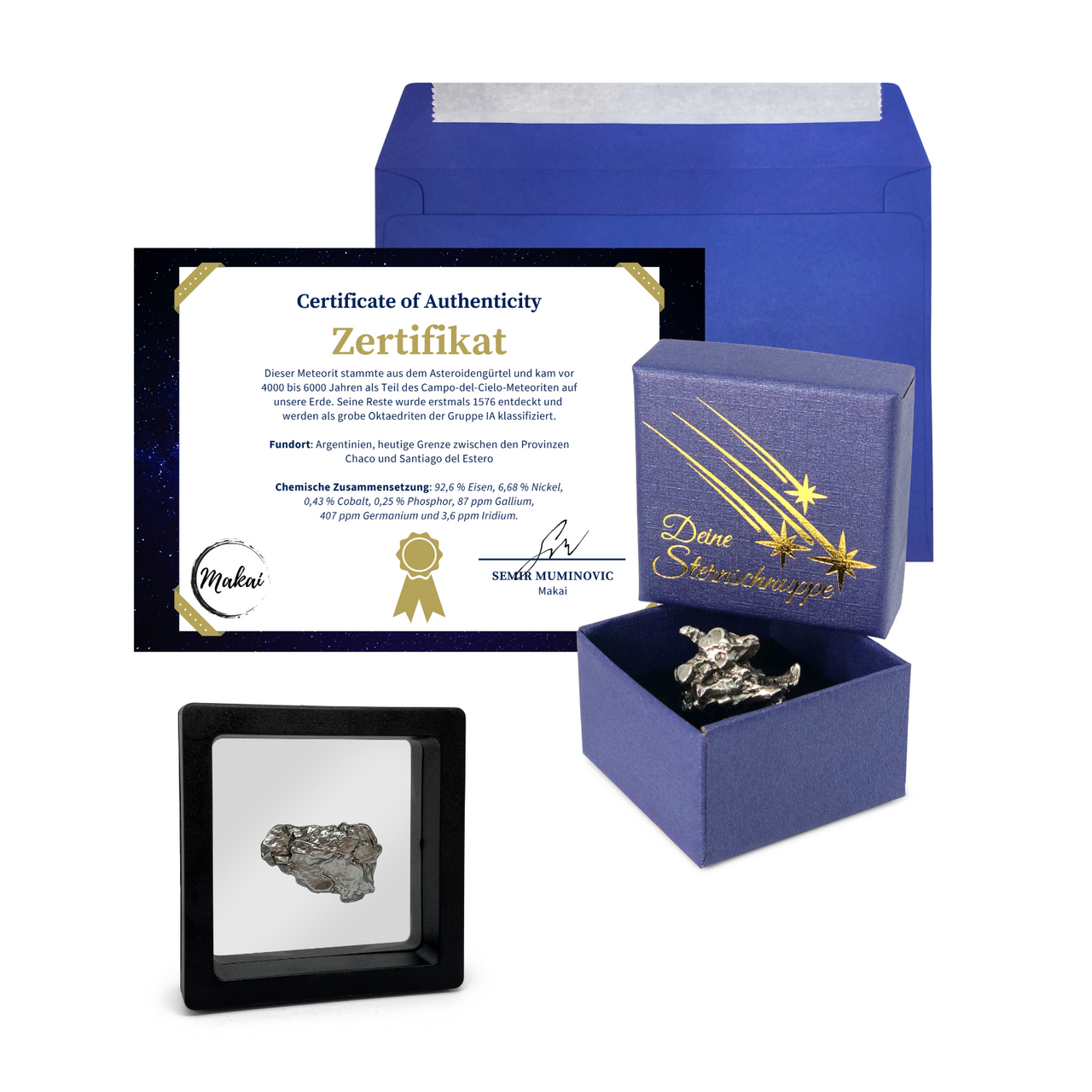 Meteorit Makai mit Echtheitszertifikat, Schachtel und Schweberahmen.Das perfekte Geschenk: Jeder Meteorit ist so individuell wie die beschenkte Person. Ob zum Geburtstag oder zur Geburt, zur Taufe, Konfirmation oder einfach um Deinen Lieblingsmenschen zum Lächeln zu bringen.