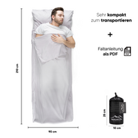 Thumbnail for Traveler's Pal Hüttenschlafsack aus 100% Baumwolle - Schlafsack mit Reißverschluss an Seite und Fußende - Leichter und dünner Inlett Sommerschlafsack atmungsaktiv und hautfreundlich Silbergrau. Sehr kompakt zum transportieren, Faltanleitung als PDF, Länge 10cm, Höhe 25cm.