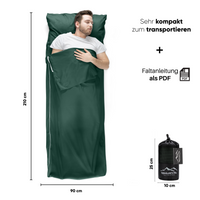 Thumbnail for Traveler's Pal Hüttenschlafsack aus 100% Baumwolle - Schlafsack mit Reißverschluss an Seite und Fußende - Leichter und dünner Inlett Sommerschlafsack atmungsaktiv und hautfreundlich Patinagrün. Sehr kompakt zum transportieren, Faltanleitung als PDF. Breite 10cm, Länge 25 cm. 